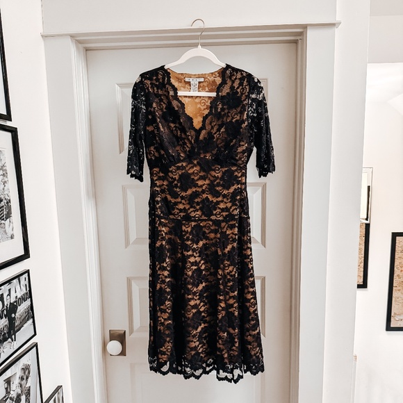 CAbi Party Dress, Nude underlay with black lace overlay, Size M - Picture 1 of 4
